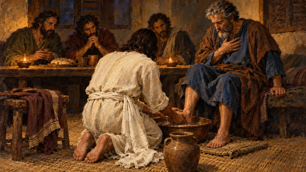 Jesus seen from behind washing Peters feet in the servant role
