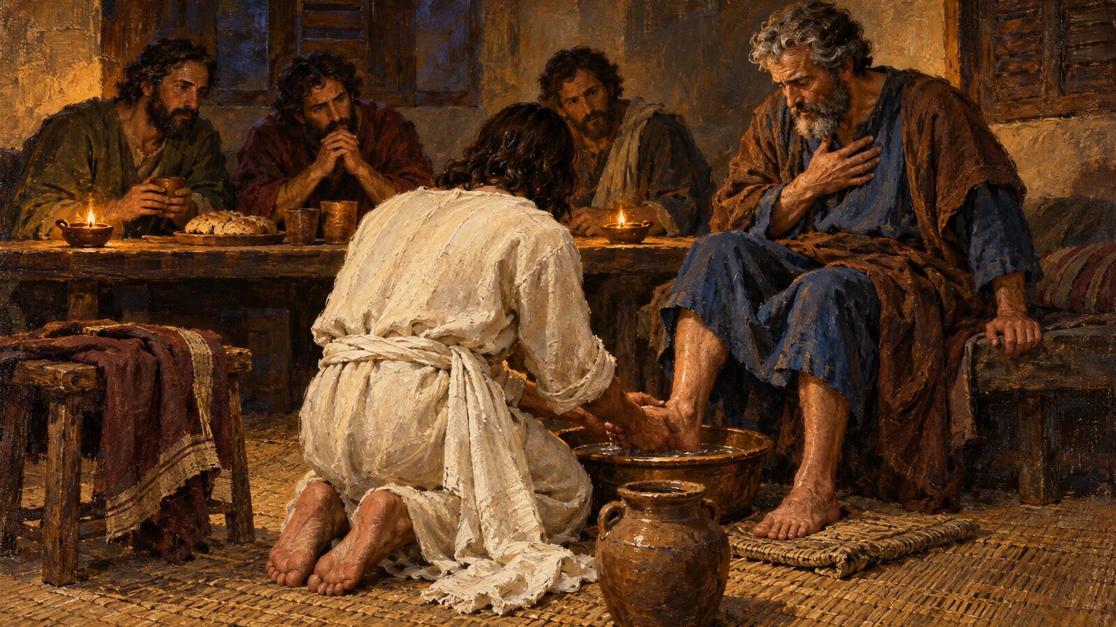What Does It Mean That Jesus Emptied Himself? Jesus seen from behind washing Peters feet in the servant role