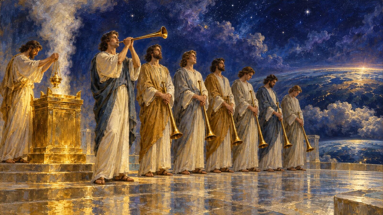 Seven angels holding seven trumpets beside the golden incense altar