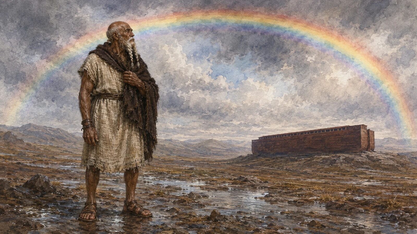 The Rainbow in the Bible featured image Noah looks toward a rainbow over the grounded ark after the Flood