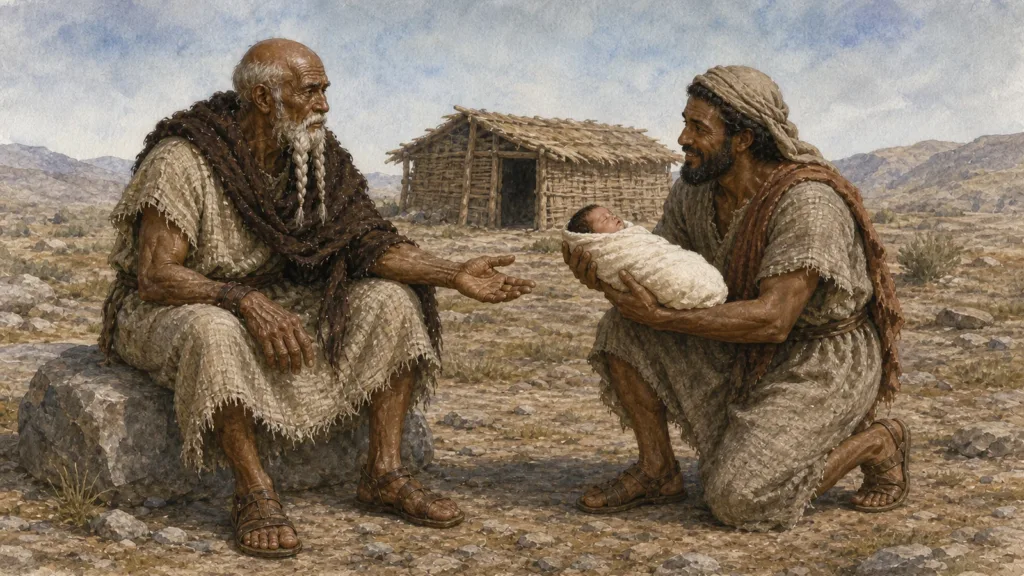 Shem cradles newborn Arphaxad before the elderly Noah