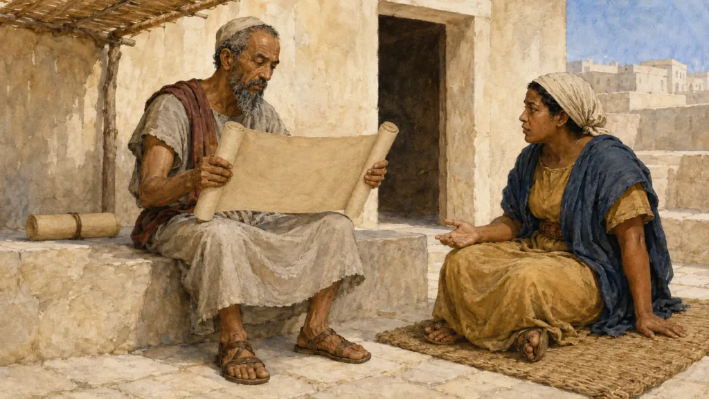 A Jewish reader shares a Greek Torah translation in an Egyptian courtyard