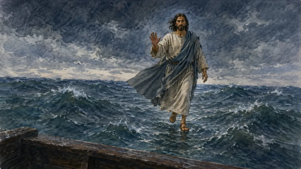 Jesus walks across the Sea of Galilee toward His disciples