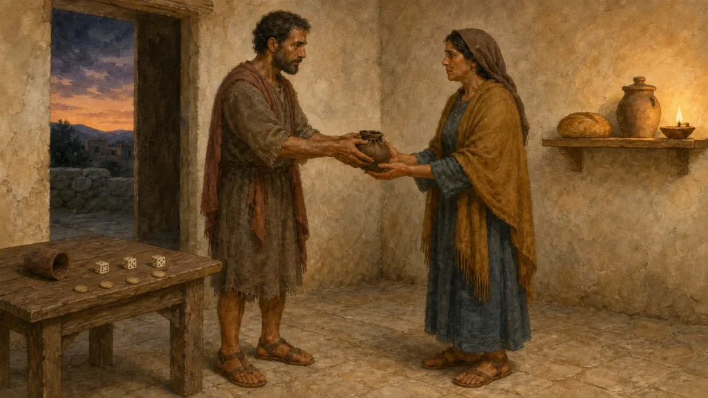 A husband turns from dice and returns the household purse to his wife