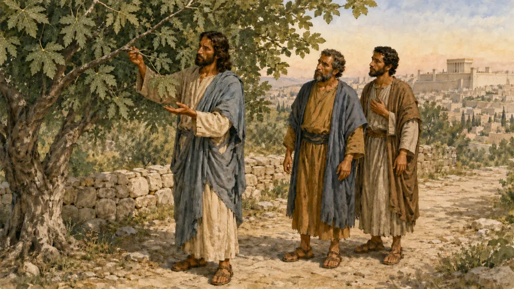 Jesus inspects a leafy fig tree without fruit as two disciples watch