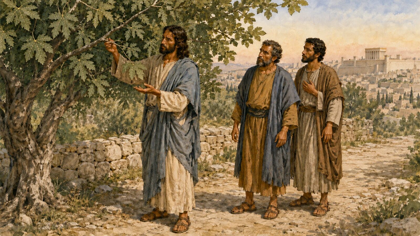 Jesus Inspects the Fruitless Fig Tree Jesus inspects a leafy fig tree without fruit as two disciples watch