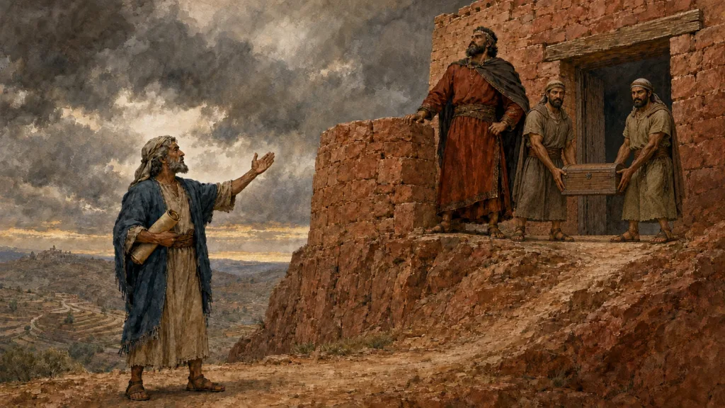 Obadiah warns a proud Edomite ruler as allies carry away his treasure beneath gathering storm clouds