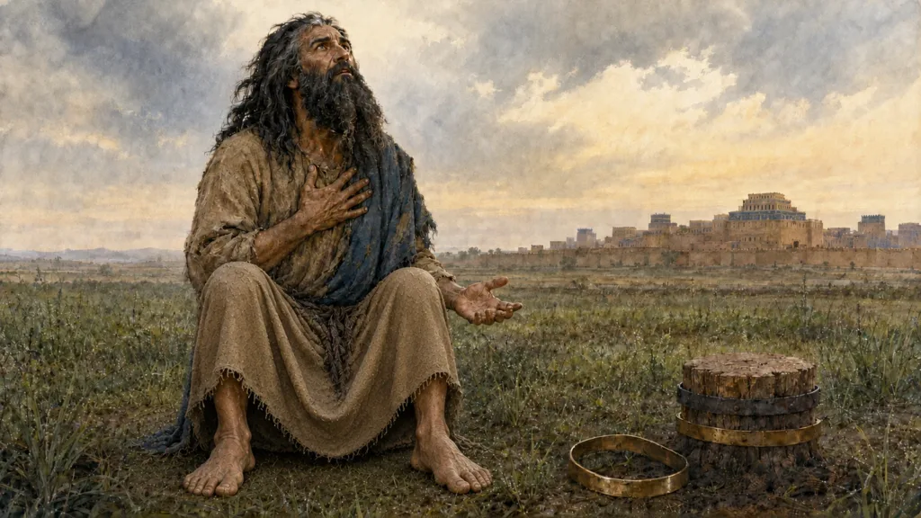 Nebuchadnezzar lifts his eyes toward heaven after God humbled him outside distant Babylon