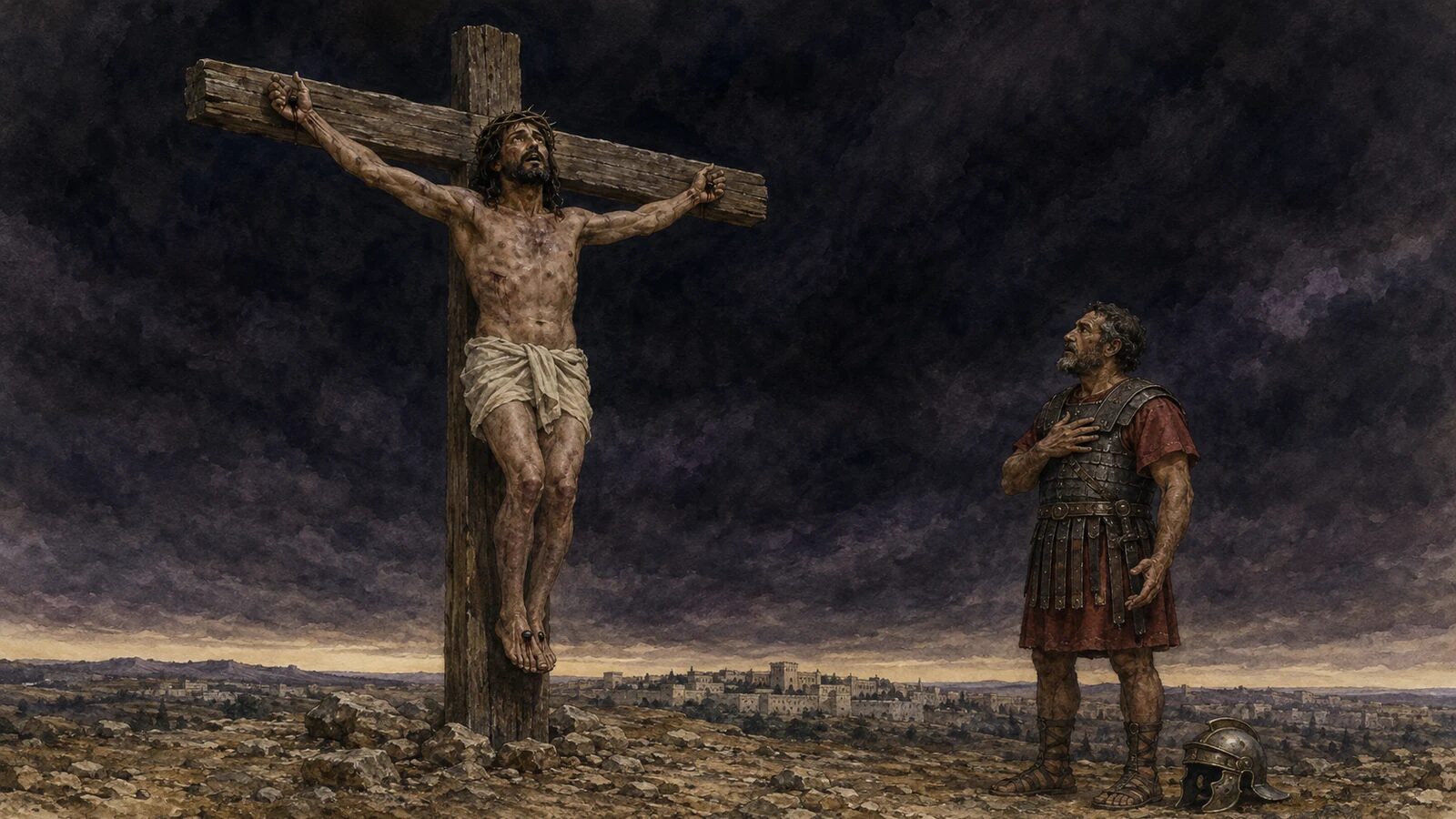Darkness at Jesus Crucifixion Jesus alive on the cross beneath supernatural midday darkness as a Roman centurion looks up in awe