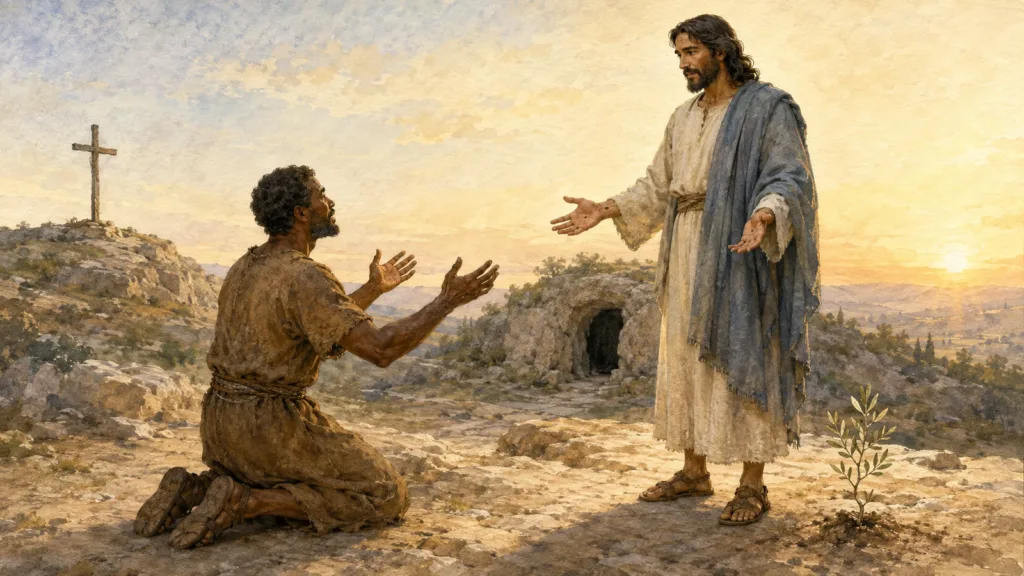 The risen Jesus opens His scarred hands to an empty-handed kneeling man beside an empty cross and tomb