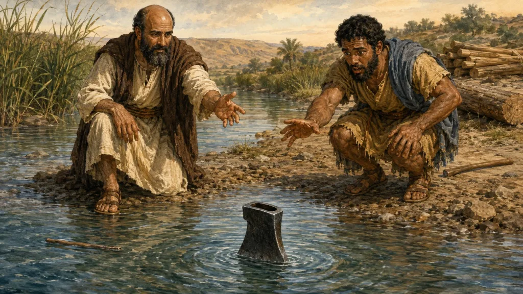 A borrowed iron axe head floats unsupported on the Jordan as Elisha and its astonished borrower reach toward it