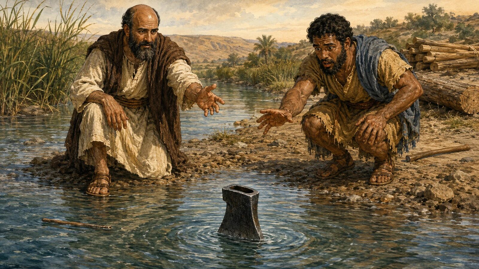 Elisha and the Floating Axe Head A borrowed iron axe head floats unsupported on the Jordan as Elisha and its astonished borrower reach toward it
