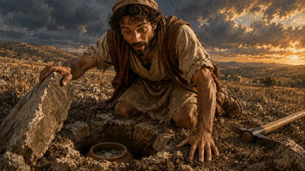 A joyful field worker discovers a clay jar of treasure hidden beneath a stone