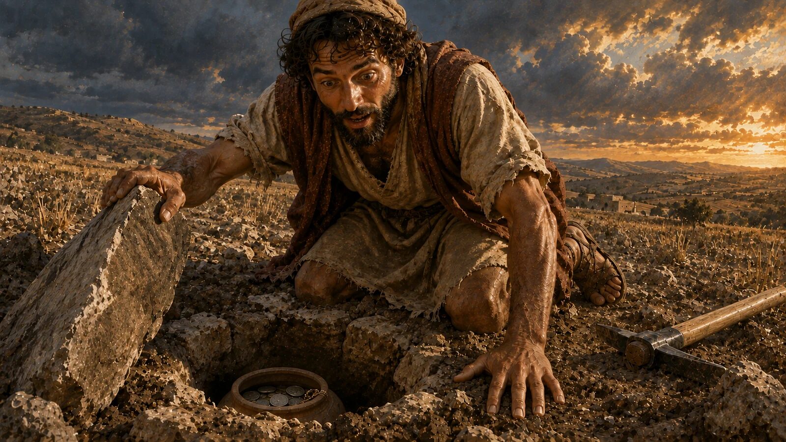 The Parable of the Hidden Treasure: What It Means A joyful field worker discovers a clay jar of treasure hidden beneath a stone