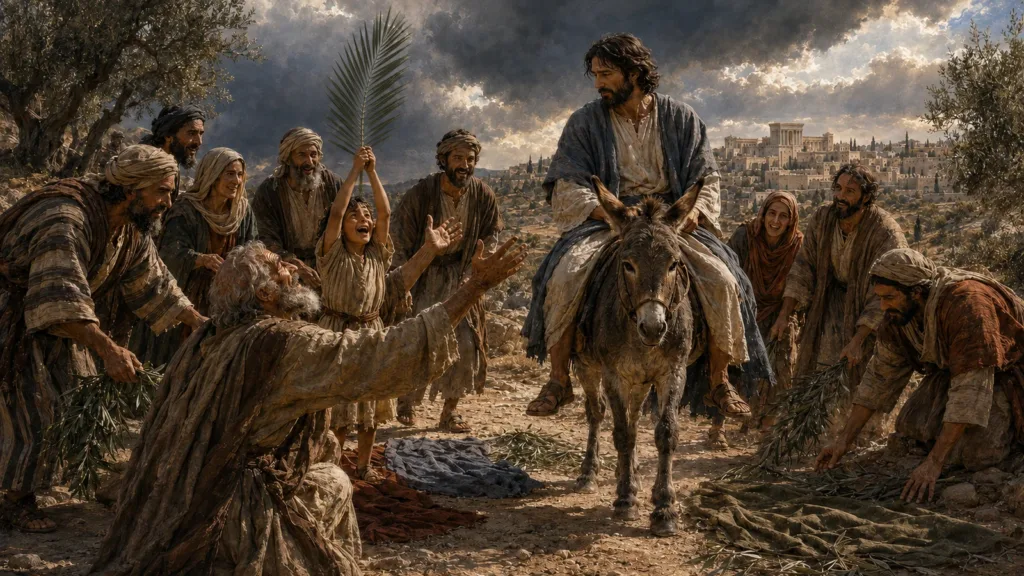 Jesus rides a donkey toward Jerusalem as a pilgrim pleads and a child raises a palm branch