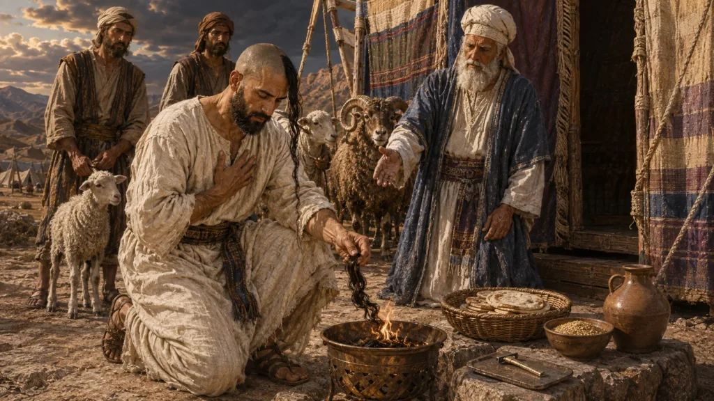 A Nazirite completes his vow by placing his consecrated hair into the offering fire at the tabernacle