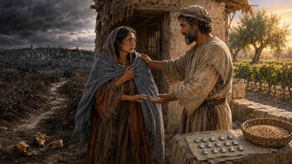 Hosea covers a returning woman with his mantle as her hand reaches toward his beyond a thorn-dark path