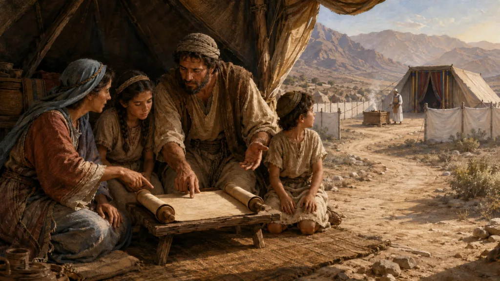 A father and mother teach their children from Scripture while an appointed priest serves separately at the tabernacle