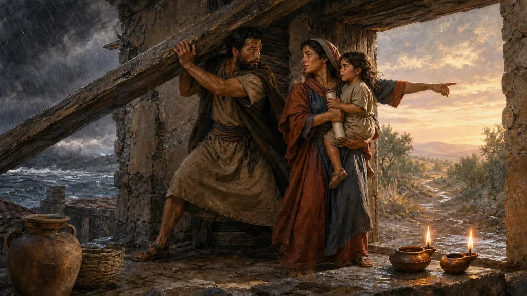 A husband braces a storm-fallen beam while his wife confidently directs their child toward safety