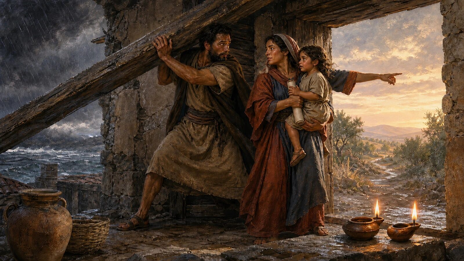 What Does Weaker Vessel Mean in the Bible? A husband braces a storm-fallen beam while his wife confidently directs their child toward safety