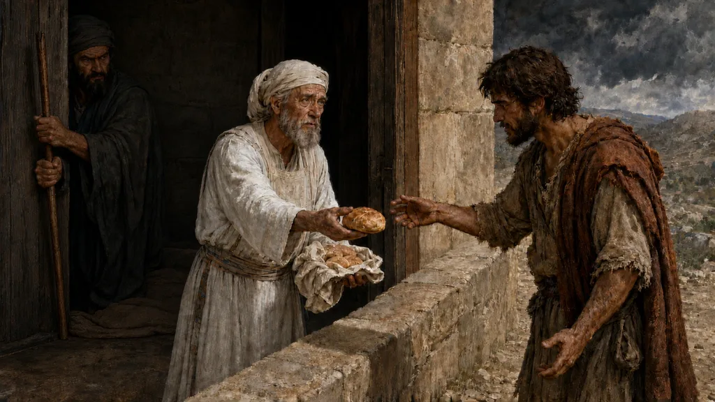 Ahimelech offers holy showbread to a hungry unarmed David while Doeg watches from the sanctuary shadow