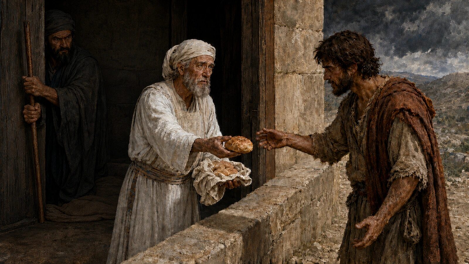 David and the Showbread: What Really Happened? Ahimelech offers holy showbread to a hungry unarmed David while Doeg watches from the sanctuary shadow