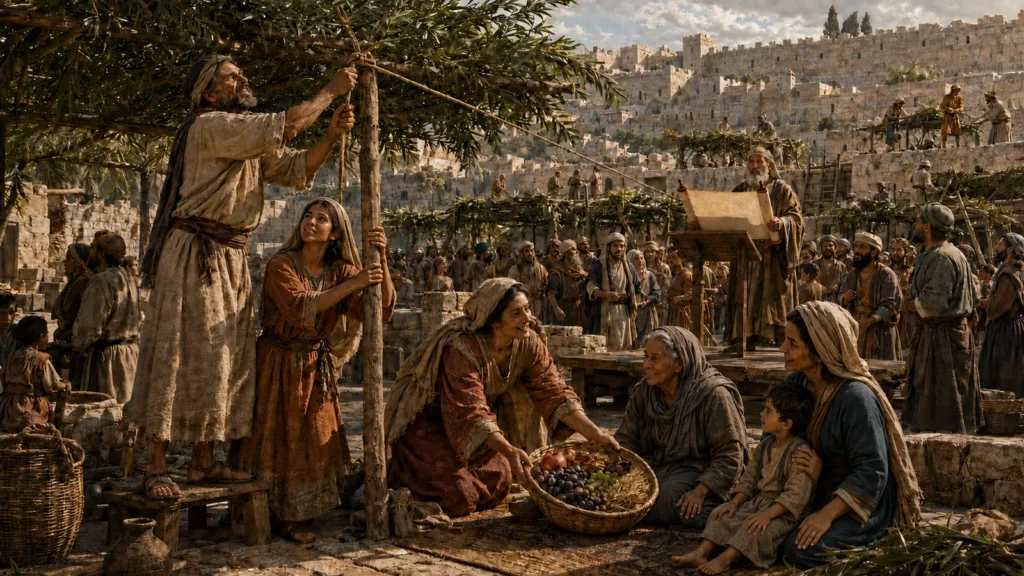 Israelites build leafy booths and share the harvest while Ezra reads the Law in Jerusalem