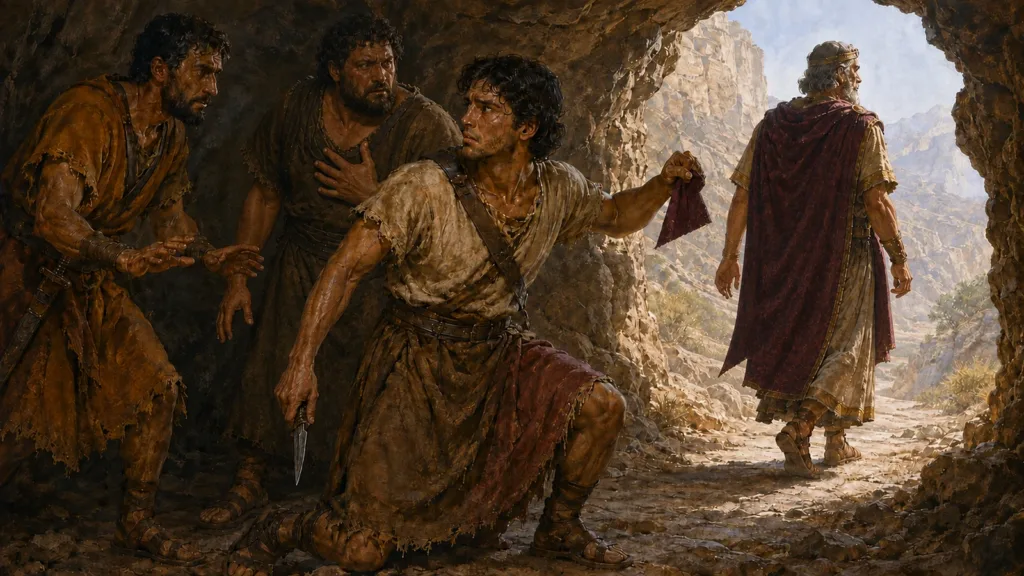 David lowers his knife and restrains his men while Saul leaves the cave unharmed