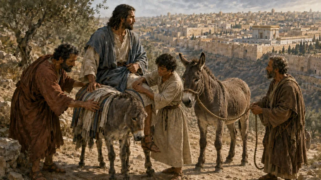 Jesus rides the young colt toward Jerusalem while disciples prepare it beside its mother