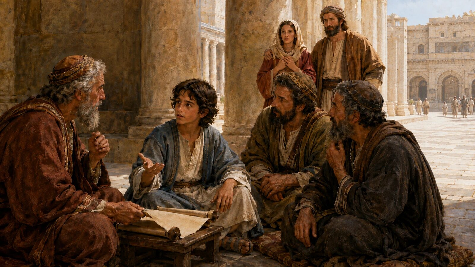 How Did Jesus Know Scripture So Well featured image Twelve-year-old Jesus discusses Scripture with astonished temple teachers as Mary and Joseph arrive