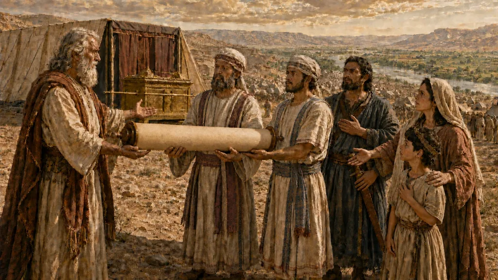 Moses entrusts the Torah scroll to Levite priests as Joshua and a family look toward the promised land