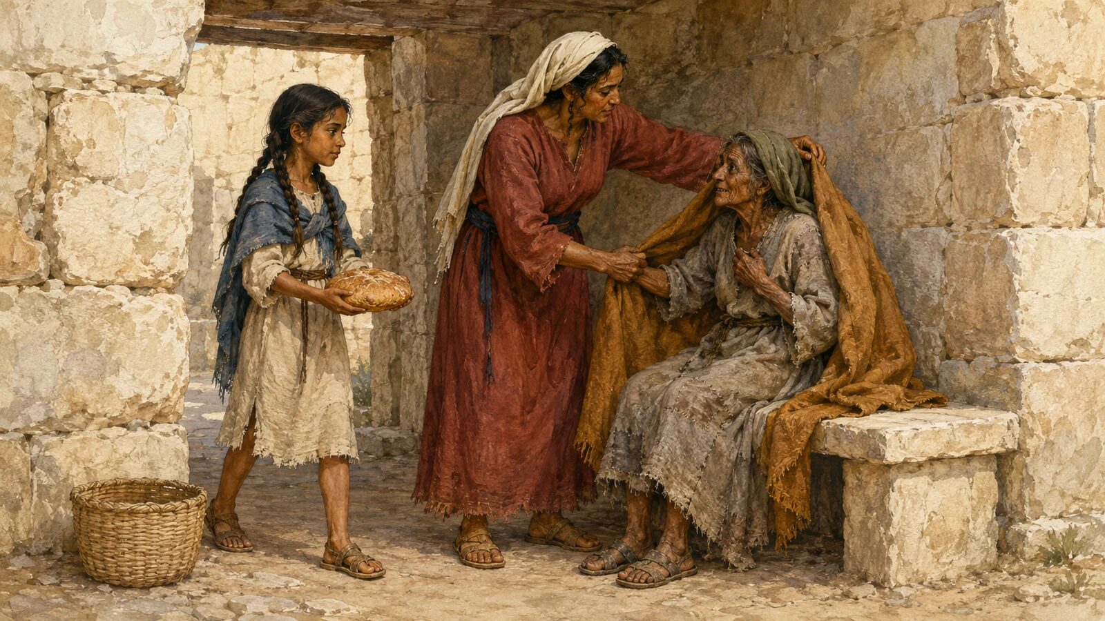 A mother wraps her mantle around an elderly woman as her daughter brings bread