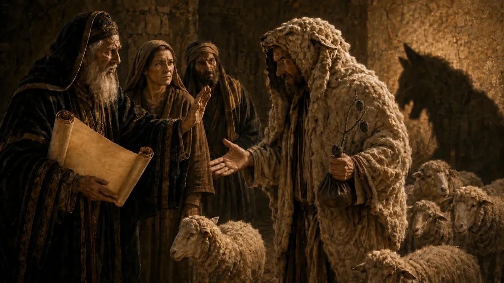 An elder uses Scripture and visible bad fruit to stop a fleece-cloaked false teacher whose shadow reveals a wolf