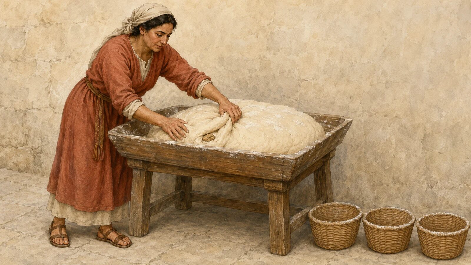 A woman folds a small piece of leaven into a large batch beside three empty measures