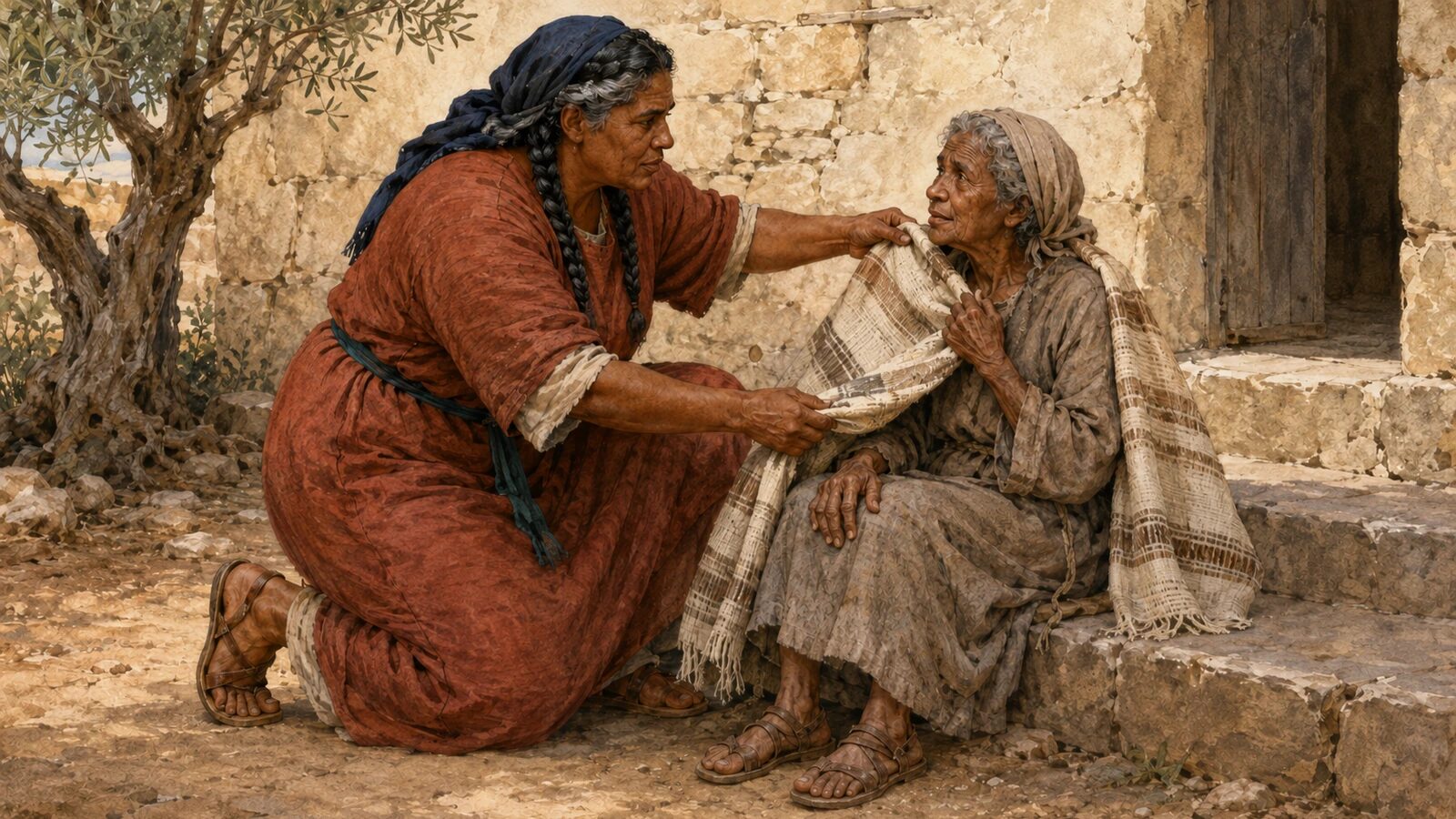 A woman of strength clothes a needy older woman A strong woman wraps a warm mantle around an older woman in need